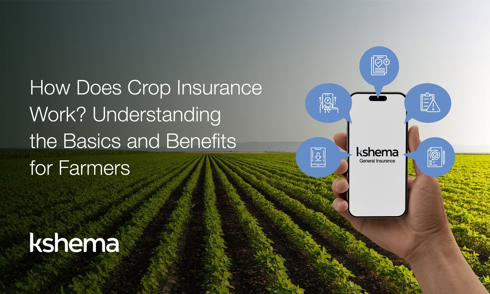 An infographic showing the steps and benefits of crop insurance for Indian farmers, under the Kshema policy framework, Crop insurance, agriculture insurance,
